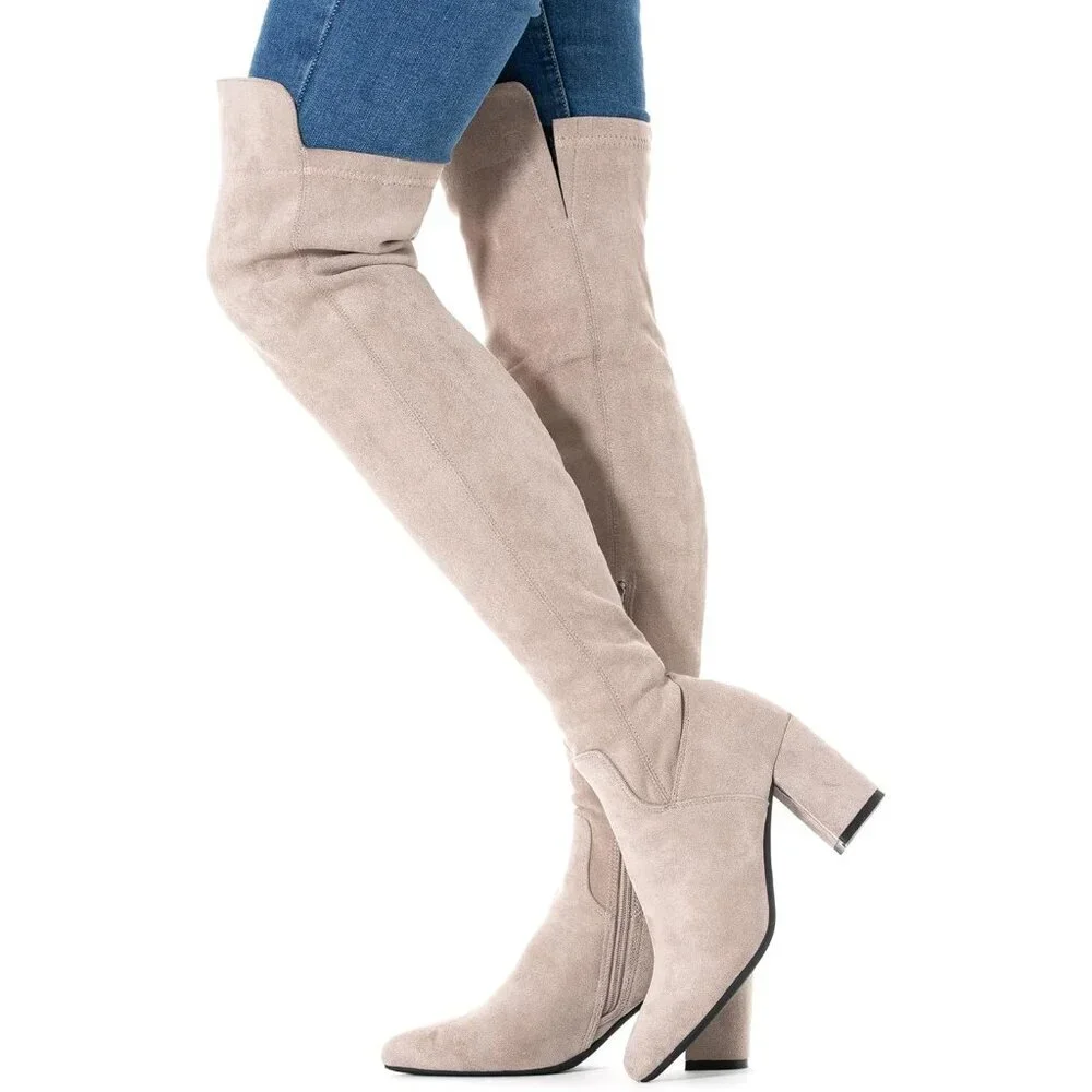 Women Cream/3 Inch Heel Faux Suede Over The Knee Thigh High Low Block Heel Boot
